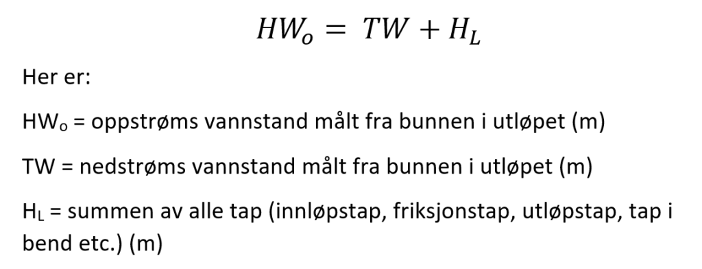 Energilikningen for kulvertstrømning forenklet enklet. Hastighetshøyden oppstrøms og nedstrøms antatt = 0 